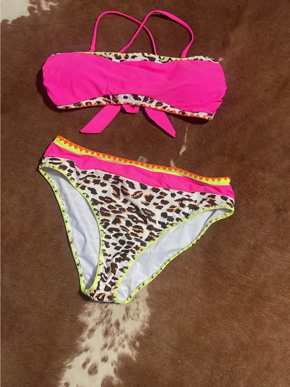 Neon Pink Leopard-Trim Bandeau Bikini Set
